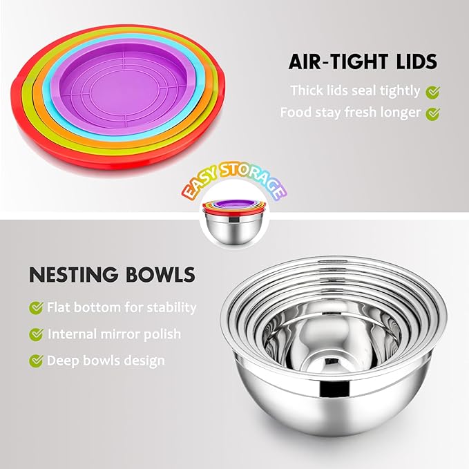 E-far Mixing Bowls with Lids Set of 5, Stainless Steel Mixing Bowls Metal Nesting Bowls with Airtight Lids, Non-toxic & Dishwasher Safe, Great for Cooking, Baking, Serving - Size 0.7/1/1.5/3/4.6QT