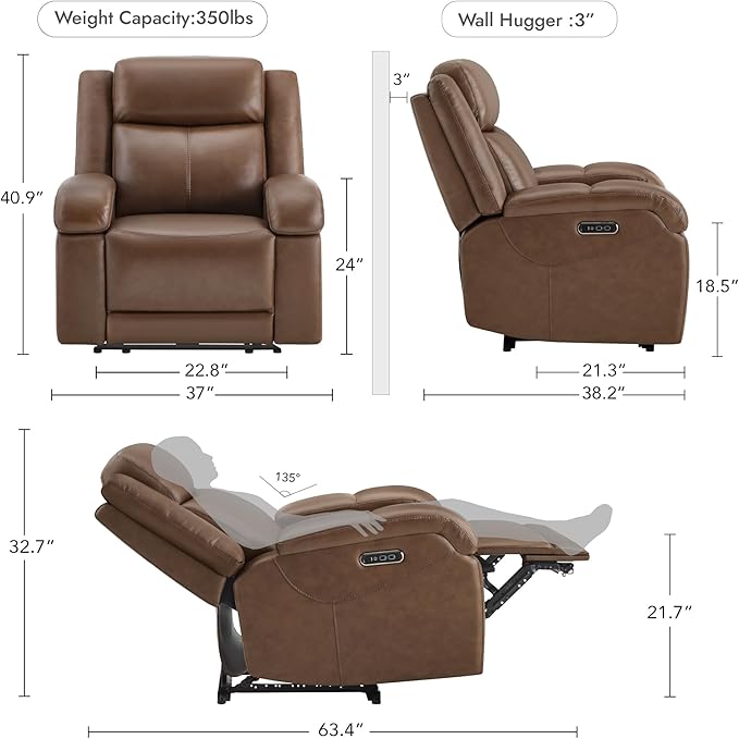 Watson & Whitely Genuine Leather Power Recliner Chairs for Adults, Wall Hugger RV Recliner with Power Headrest & Charging Ports, Electric Recliner Sofa Chair for Living Room, Cafe