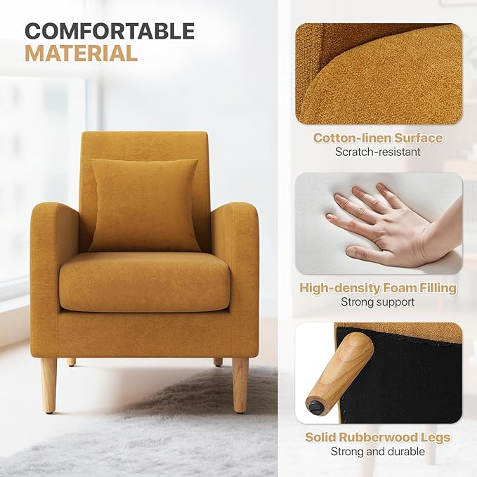 Magshion Mid-Century Accent Chair for Living Room, Comfy Reading Chair for Bedroom, Upholstered Linen Fabric Armchair Single Sofa with Back Pillow & Wood Legs, 300 lbs Capacity, Yellow