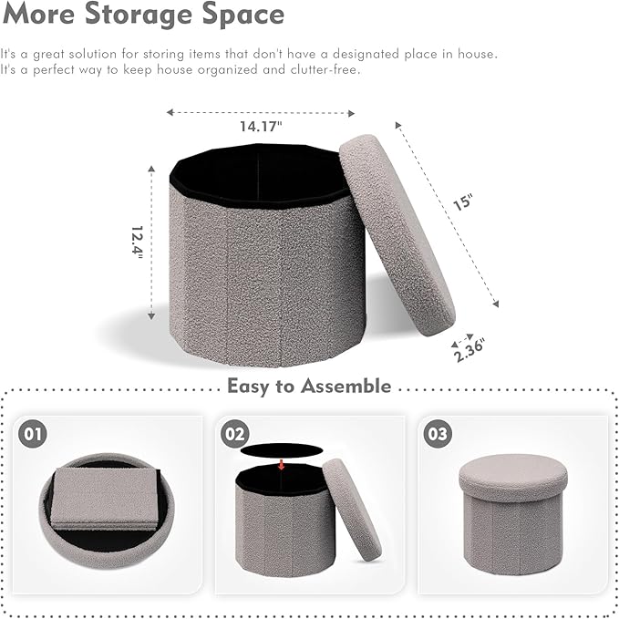 B FSOBEIIALEO Storage Ottoman Cube, Round Ottomans with Storage Foot Stool Footrest for Lving Room, Boucle Ottoman Seat for Dorm Room,Faux Teddy Fur, Grey 15"x15"x15"