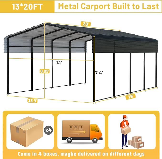 Metal Carport 13 * 20 FT with Enhanced Base Heavy Duty Garage with Galvanized Steel Roof Multi-Use Shelter Outdoor for Car, Pickup, Boat and Tractors
