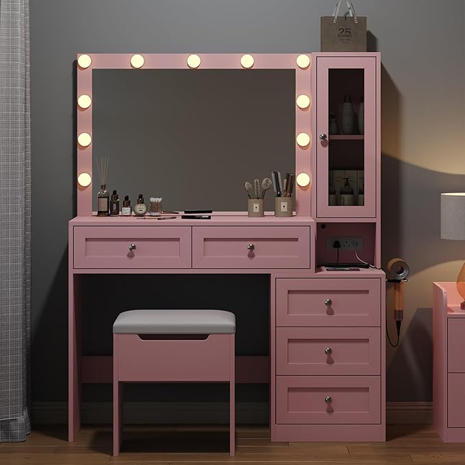 43" W Vanity Desk with Mirror & 11 Lights,Modern Makeup Desk with 5 Drawers & Cushioned Stool,3 Lighting Modes Brightness Adjustable,Power Outlet,Bedroom Dressing Table, Pink