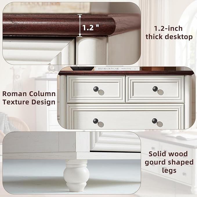 Farmhouse 6 Drawer Dresser, Chest of Drawers for Bedroom, 43.5" Tall Wood White Kids Dresser with Roman Column and Metal Handles, Storage Dressers Organizer for Living Room, Hallway, Closet