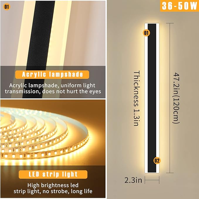 Modern 47inch Outdoor Wall Light, 3000K Black Acrylic Exterior Lighting Fixtures Wall Mount, Ip65 Waterproof Modern Porch Lights Long LED Wall Sconce, Led Long Outdoor Lights for House Hard-Wired