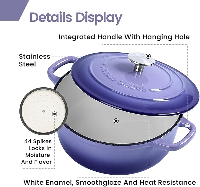 Enameled Cast Iron Duch Oven, 5.5 Quart Round Dutch Ovens Pot with Lid, Dual Handle for Bread Baking, Purple