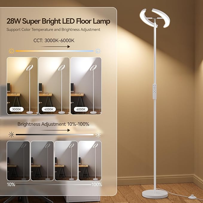 SUNMORY Floor Lamps for Living Room, 28W Bright LED Floor Lamp with 2 Rotatable Lights & Remote Control, 74" Tall Standing Lamp with Stepless Dimmable, Modern Reading Corner Lamp for Bedroom, Office