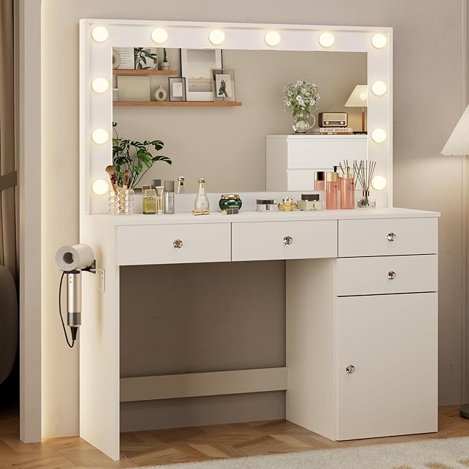 Vanity Desk with Mirror and Lights, 41.4'' Makeup Vanity Desk with 4 Drawers and Large Cabinet, 3 Lighting Modes Adjustable Brightness, White Vanity with Power Outlet for Bedroom