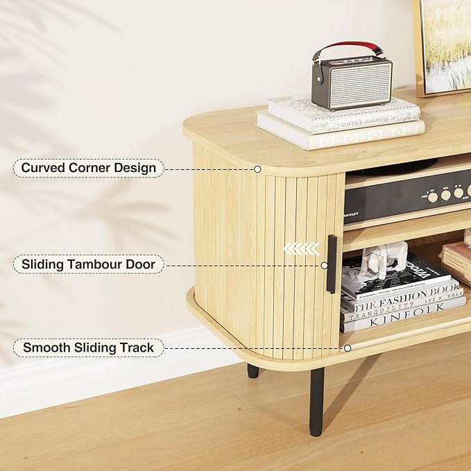63" Natural Fluted TV Stand for TVs up to 75 Inch, Gaming Entertainment Center with Tambour Slatted Sliding Doors and Storage Cabinet, Media TV Consoles Table for Living Room, Office