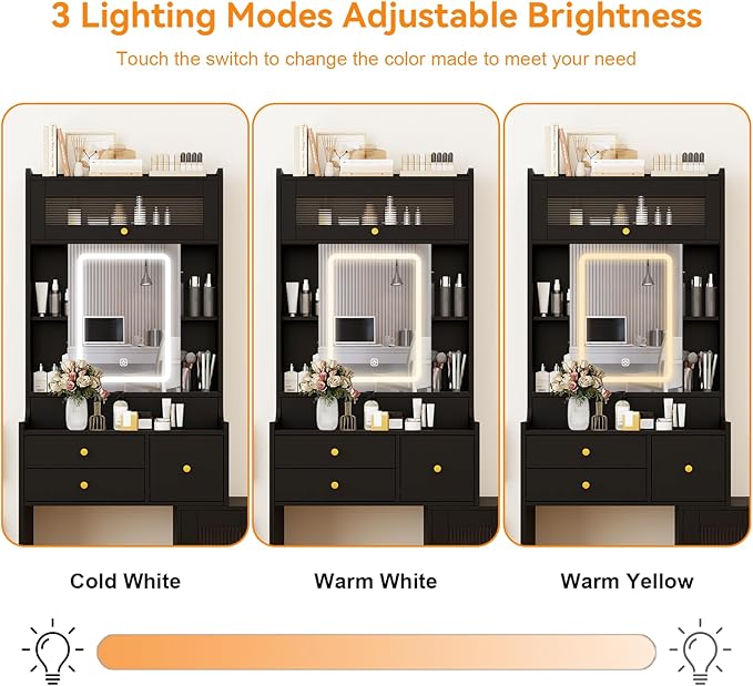 ARTETHYS Small Vanity Desk with Sliding Mirror and Lights Black Makeup Vanities Set with Drawers Compact Dressing Table with Cabinet and Adjustable Shelves for Bedroom