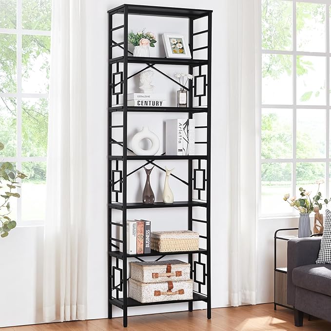 HOMISSUE Tall Bookshelf, 84 Inch Industrial Bookshelf with Metal Frame and Open Shelves, 7 Tier Metal Bookshelves and Bookcases, Rustic Tall Book Shelf for Office, Living Room and Bedroom, Black