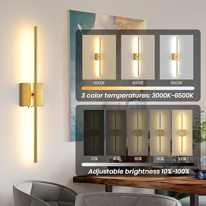Rechargeable Battery Operated Wall Sconces, 11000mAh Wireless Brushed Gold Wall Lights with Remote Control, 350°Rotate Dimmable Wall Lamp, 3 Color Temperatures, for Bedroom Living Room Hallway, 1 PCS