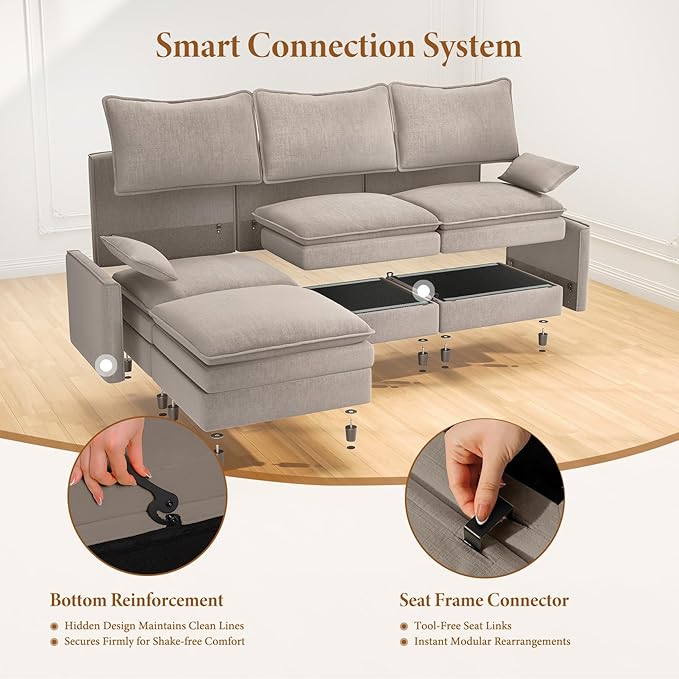 Vesgantti 142" Cloud Couch Sectional Modular Sofa, Comfy Sectional Couch with Ottoman Deep Seat Chenille L Shaped Sofa, Modular Couches for Living Room, Bedroom and Apartment, Light Brown