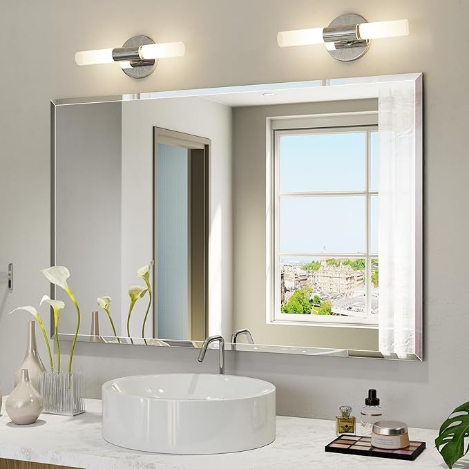 Bathroom Mirrors for Wall Beveled, 48"x30" Frameless Bathroom Mirror, Wall Mount Vanity Mirror for Bedroom Entryway Living Room Hangs Horizontally or Vertically