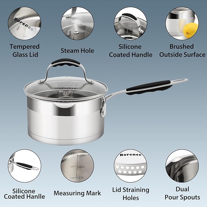 Rorence 1.5 QT Stainless Steel Saucepan, Sauce Pan with Silicone Coated Handles and Pout Spouts, Induction Small Cooking Pot with Clear Transparent Tempered Glass Lid for All Stoves, Dishwasher Safe