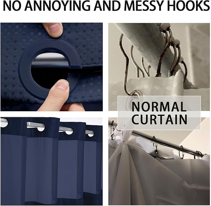 YellyHommy No Hook Shower Curtain with Snap in Liner Set Less Time Navy Blue Waffle Shower Curtain for Bathroom 75" L x 72" W