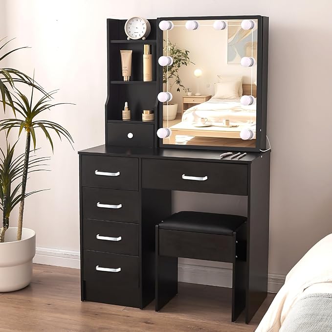 JBLCC Vanity Desk with Mirror and Lights, Black Makeup Vanity with 3-Color Lighted Sliding Mirror, 4 Drawers & Open Shelves, Small Vanity Table for Bedroom, Girls & Women