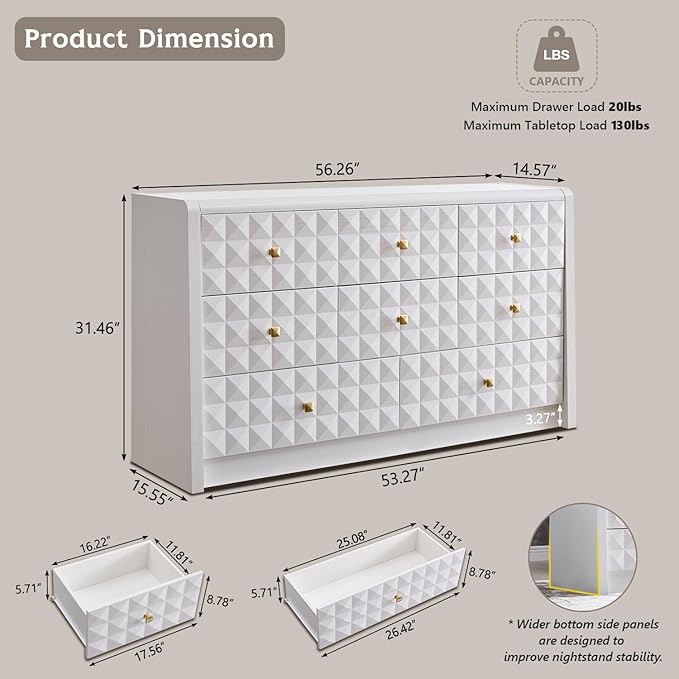Modern 8 Drawer Dresser for Bedroom, Wooden Large Dressers &Chests of Drawers w/Two Different Drawer Sizes, Mid Century Modern Dresser w/Diamond Panel Decorate for Bedroom, Curved Profile Design,White