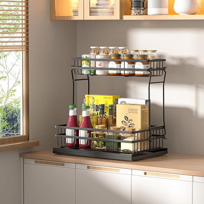 2 Pack Under Sink Organizers and Storage, 2 Tier Pull Out Cabinet Organizer, Metal Sliding Drawer Storage for Kitchen Bathroom，Black