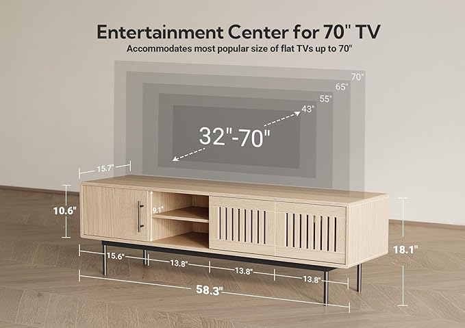 Claiks Mid Century Modern TV Stand for TV up to 70 inch, Entertainment Center with Sliding Barn Doors & Adjustable Shelve, Retro Low Profile Media Console TV Table for Living Room, Natural Oak