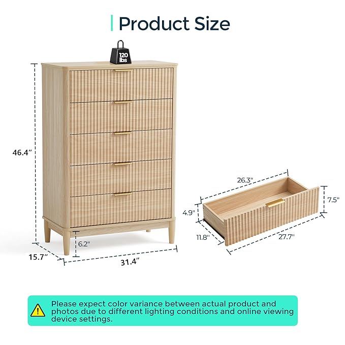 LINSY HOME Fluted Dresser for Bedroom with 5 Drawers, 46" Tall Chest of Drawers, Mid Century Modern Dresser with Metal Handle, Wood Closet Storage Cabinet for Living Room, Hallway, Oak