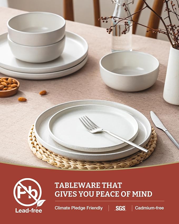 Famiware Milkyway Plates and Bowls Sets, 18 Pieces Dinnerware Sets, Reactive Glaze Dish Set, Stoneware Dishes Set for 6, Matte White