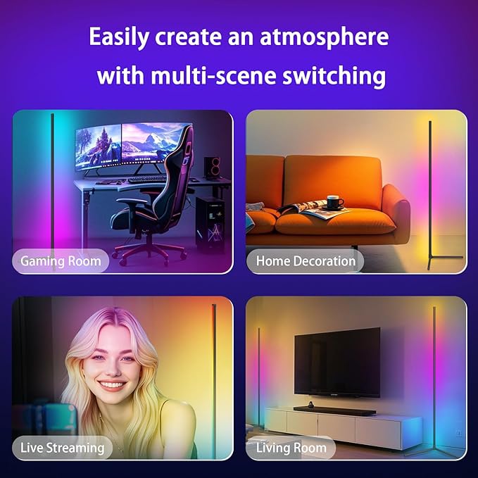 Corner Lamp, Led Floor Lamp, RGB Ambient Lighting, Smart Modern Floor Lamp with Remote, Color Changing Dimmable Corner Light with Music Sync, Mood Lighting for Bedroom, Living Room Gaming Room