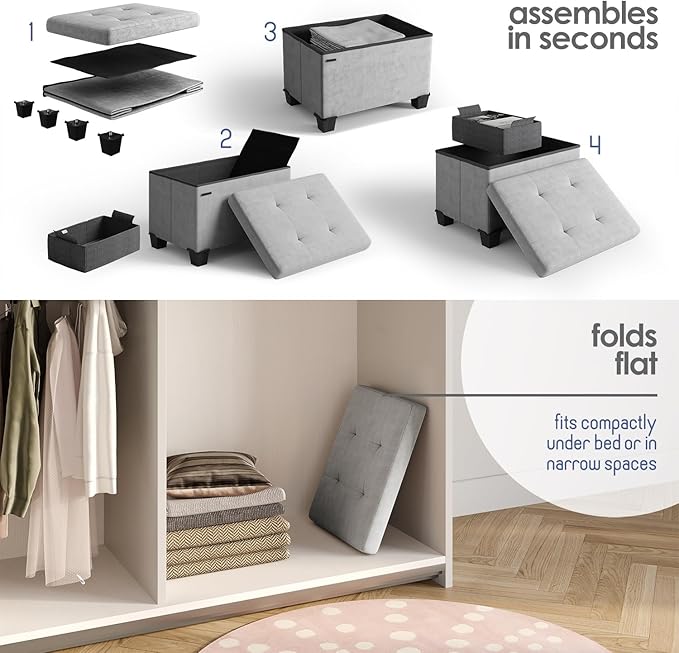 STORAGEBUD Storage Ottoman Cube with Small Bin, 16-in Square Ottoman with Storage for Living Room and Bedroom, Small Ottomans Foot Rest, Velvet Foot Stools Ottomans Max 330lbs, Light Grey