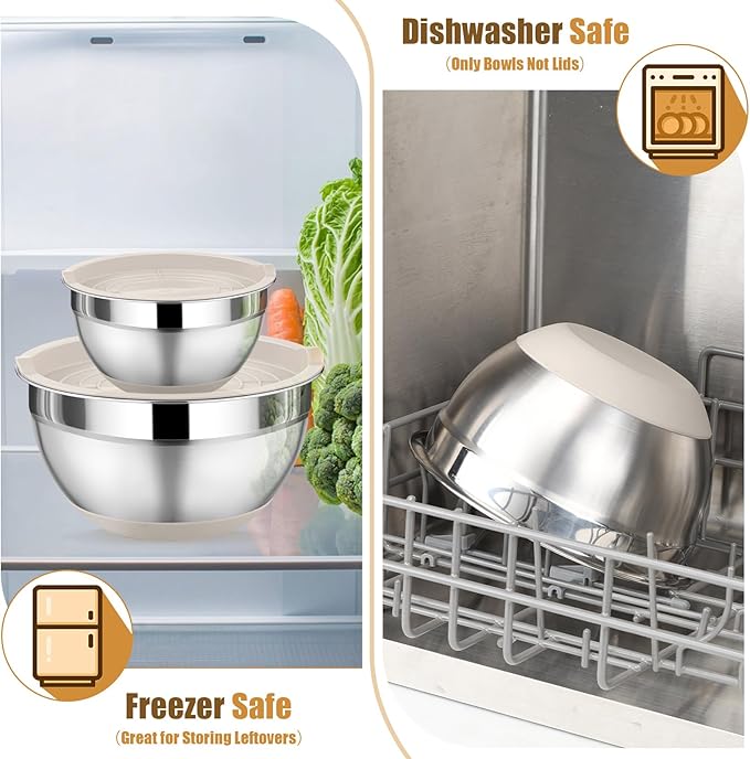 P&P CHEF Mixing Bowls with Lids Set of 5, Stainless Steel Nesting Salad Bowl with Lid & Base for Non-slip Mixing Prepping Storing Serving, 5 Sizes-7/3.5/2.5/1.5/1 QT, Khaki