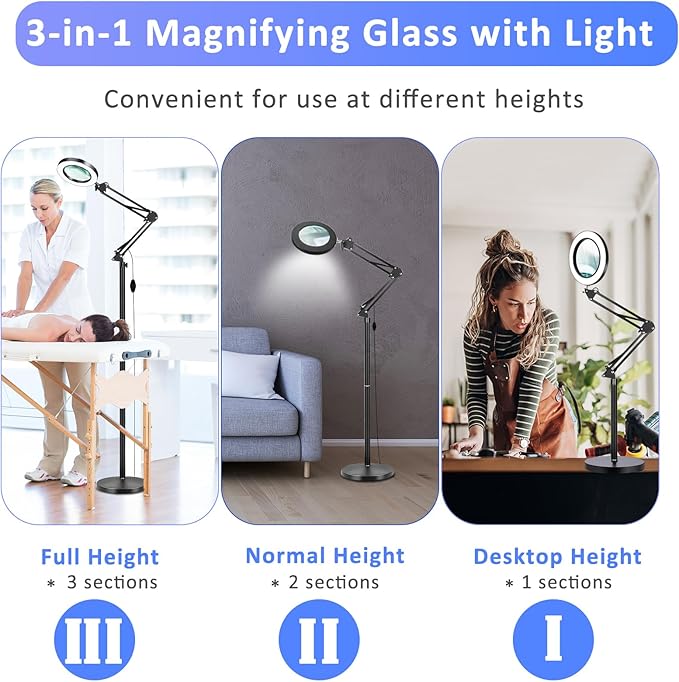 10X Floor Magnifying Glass with Light, Large 3-in-1 Adjustable Height Magnifying Floor Lamp, 72 LED Floor Lamp 2 Color Stepless Dimmable Arm Swing Desk Lamp for Reading, Close Work, Crafts