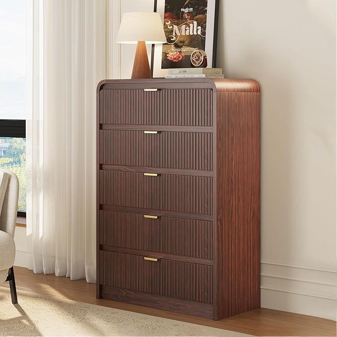 FURSUN Fluted 5 Drawers Dresser for Bedroom, 48" Tall Wooden Modern Dresser with Metal Handle, Curved Profile Design, Storage Organizer for Living Room, Hallway, Dark Walnut