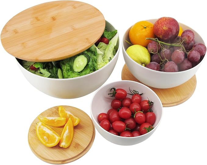 Salad Bowl Set of 3 with Bamboo Wooden Lids, Mixing Bowls Set, Nesting Bowls for Space Saving Storage, Made with Durable Eco-Friendly Bamboo Fiber, Great for Prepping and Serving Food, White