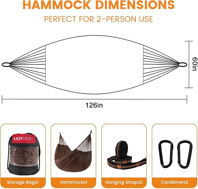 Lazy Daze Hammocks Handwoven Mayan Hammock, 10.5 FT Soft Rope Double Hammocks, Portable Outdoor Hammock with Carry Bag, 2 Straps & carabiners for Patio Outside, 550 lbs Weight Capacity, Coffee