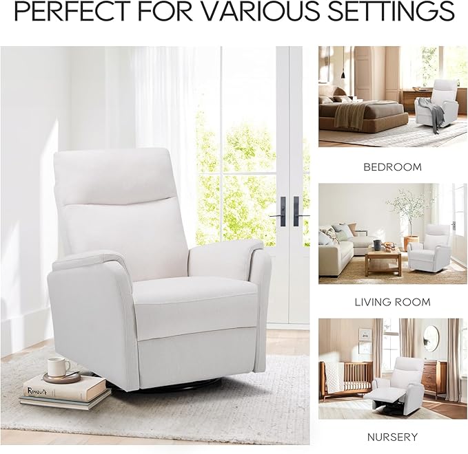 COLAMY Swivel Rocking Recliner Chair, Nursery Rocker Glider Recliner with Extra Large Footrest, Deep Seat, High Back, Upholstered Fabric Reclining Single Sofa for Living Room-White