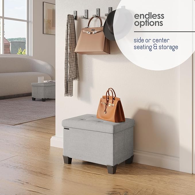 STORAGEBUD Storage Ottoman Cube with Small Bin, 16-in Square Ottoman with Storage for Living Room and Bedroom, Small Ottomans Foot Rest, Fabric Foot Stools Ottomans Max 330lbs, Light Grey