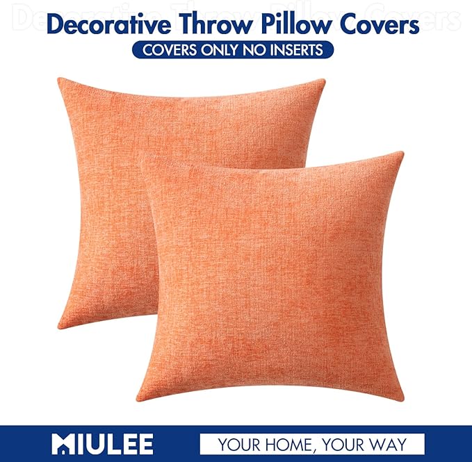 MIULEE Pack of 2 Couch Throw Pillow Covers 18x18 Inch Soft Coral Red Chenille Pillow Covers for Sofa Living Room Solid Dyed Pillow Cases