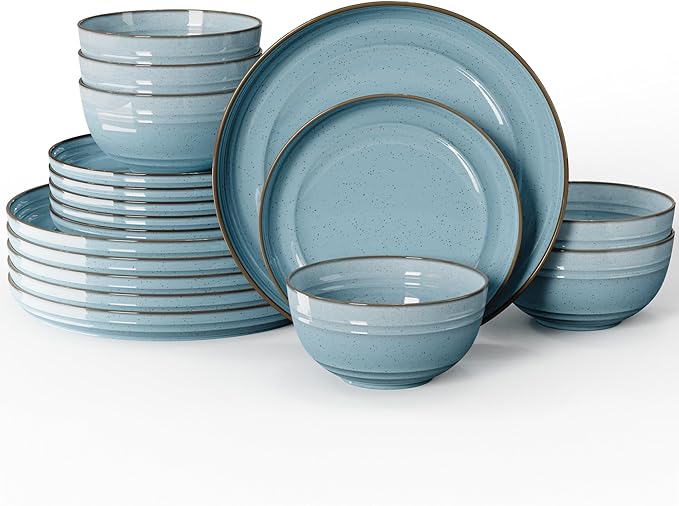 Sweese Plates and Bowls Sets, Porcelain Dinnerware Sets for 6, 18 pcs Handcrafted Glaze Embossed Dinner Set, Scratch Resistant Dishware, Dishwasher Oven Microwave Safe Ceramic Dish Set, Gradient Blue
