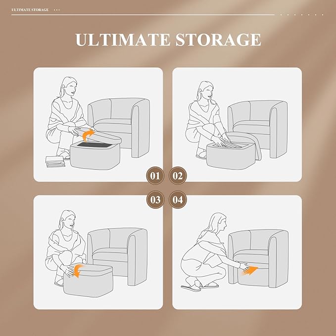 COLAMY Morden Velvet Barrel Accent Chair with Storage Ottoman Set of 2, Upholstered Living Room Side Chair, Single Sofa Armchair with Lounge Seat for Bedroom/Office/Reading Spaces, Khaki