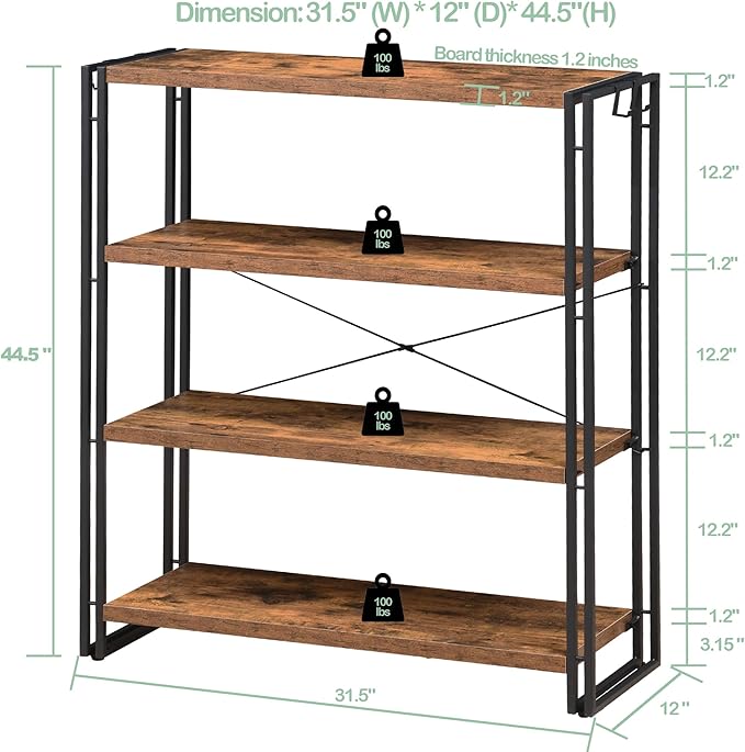 HCHQHS Bookshelf, 4-Tier Industrial Bookcase, Rustic Open Book Shelf, Freestanding Tall Bookshelves with Metal Frame
