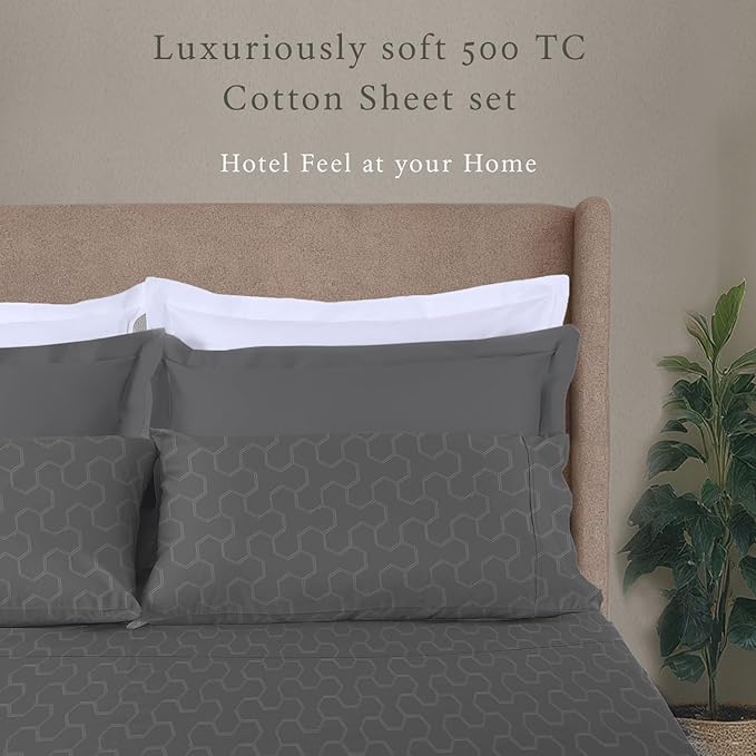 Threadmill 500 Thread Count King Size 4 Pc Luxury Cotton Bed Sheet Set, Jacquard Floria Dark Grey, Silky Soft Sheets with 16" Elasticized Deep Pocket, 2 Pillowcases & Free Tote Bag
