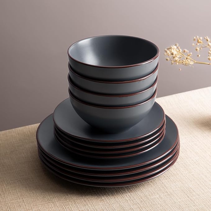 Famiware Venus Ceramic Plates and Bowls Sets, Speckled Dinnerware Dish Sets for 8 (24 Pieces) - Microwave and Dishwasher Safe, Matte Charcoal