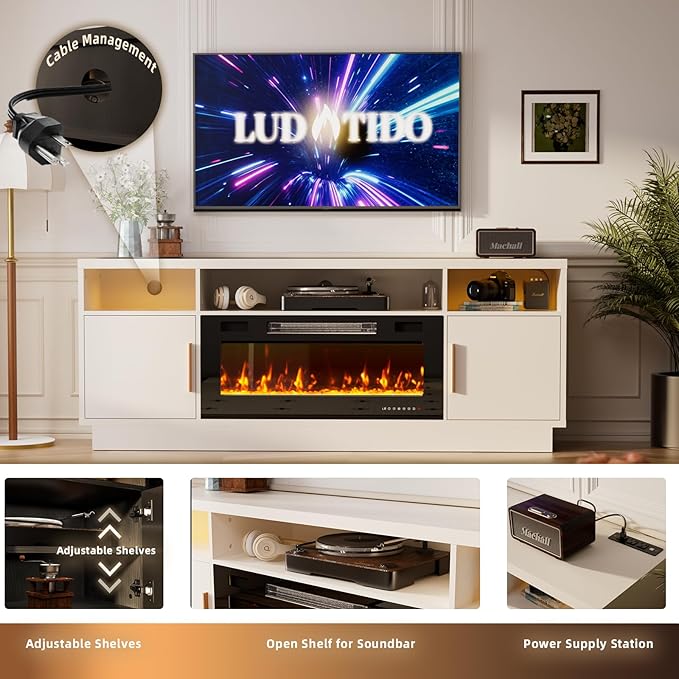 Ludatido 70 Inch Premium TV Stand with 36 inch Electric Fireplace 27 Inch high LED Light Entertainment Center Easy to Assemble for TVs Up to 85'' with USB&AC Power Interface Black