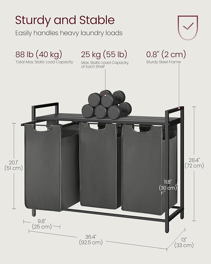 VASAGLE Laundry Hamper, Laundry Basket, Laundry Sorter with 3 Pull-Out and Removable Bags, Shelf, Metal Frame, 3 x 10.6 Gallons (40 L), 36.4 x 13 x 28.4 Inches, Slate Gray and Charcoal Gray UBLH301G01