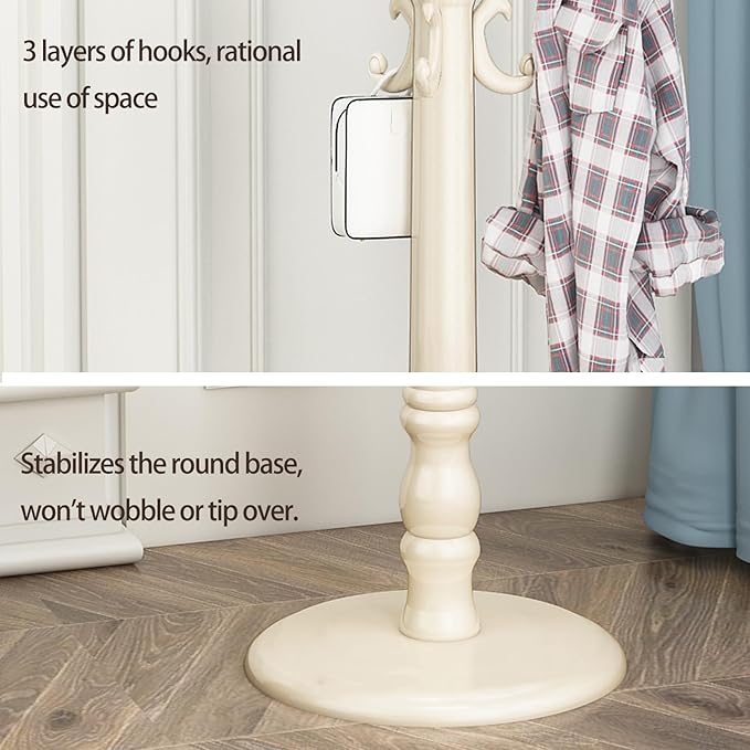Coat Rack Freestanding, Wooden Coat Tree with Stable Round Base, Vintage Heavy Duty Coat Rack Stand with 14 Hooks, Coat Hanger Stand for Bedroom, Office, Entryway (Ivory)