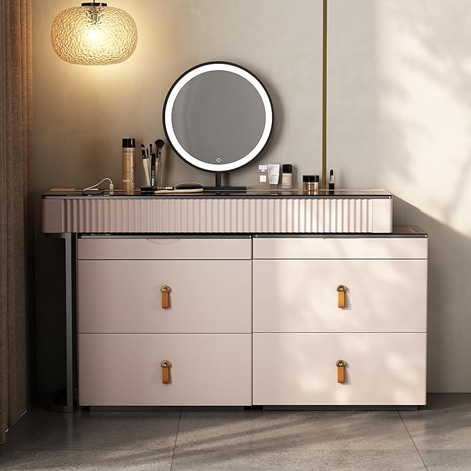 Lartis Makeup Vanity with Stool, Very Easy to Assemble,Retractable TV Cabinet Combination, Dressing Table Desk in one, Super Storage