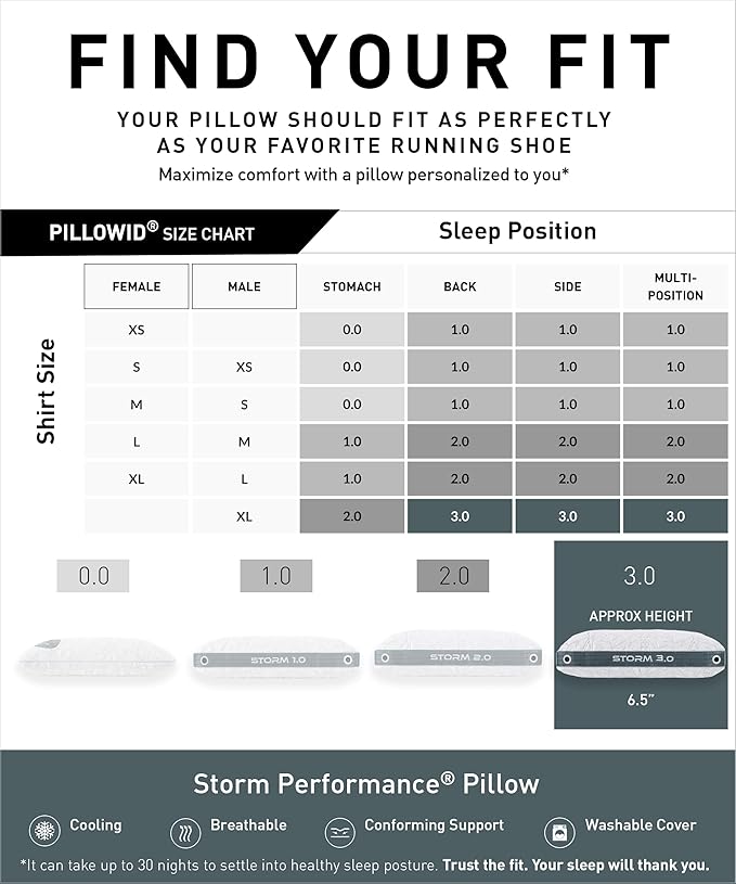 Bedgear Storm Performance Pillow – 3.0 - Cooling Bed Pillow for Hot Sleepers - Medium Firmness Pillow for All Sleep Positions, Washable & Removable Cover - 20" W x 26" L x 6.5" H