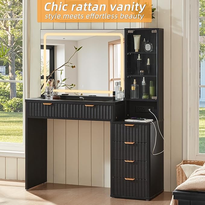 LEYAOYAO Vanity Desk with Mirror and Lights, 43.5'' Fluted Makeup Vanity with 6 Drawers and Adjustable Shelves, Black Wood Make Up Vanity Dressing Table with Glass Top and Power Outlet for Bedroom