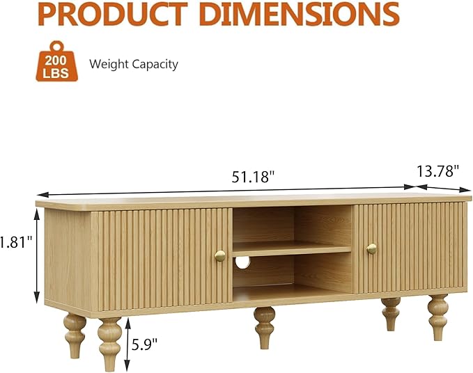 Modern Wood TV Stand for 55 Inch TV, Retro Media Console with Storage Cabinets & Shelves, Solid Wood Entertainment Center with Fluted Doors, Mid Century Style TV Cabinet, Nature