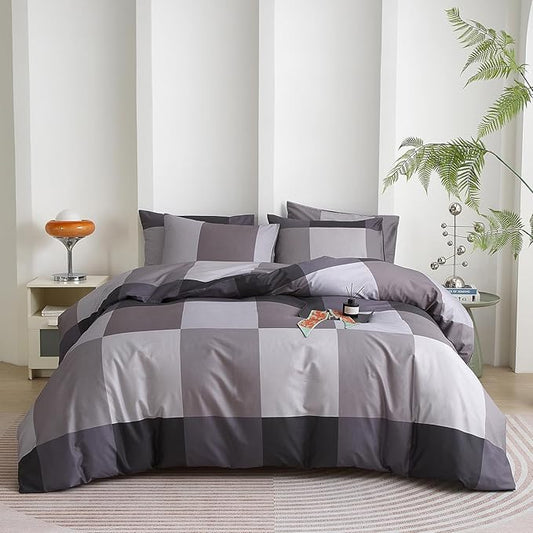 mixinni Full Size Comforter Sets Men Boys Geometric Checkered Plaid Printed Bedding Comforter for All Season Soft Lightweight Bedding Set-(Full Size, Grey,Black)