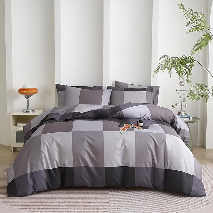 mixinni Twin XL Comforter Set Men Boys Geometric Checkered Plaid Printed Bedding Comforter for All Season Soft Lightweight Bedding Set-(Twin XL Size, Grey,Black)