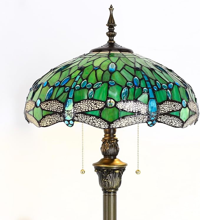 Tiffany Floor Lamp Stained Glass Lamp Standing Reading Light 16x16x70 Inch for Living Room (Green Dragonfly)
